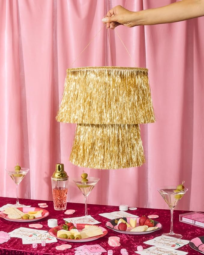 xo, Fetti Gold Fringe Tinsel Chandelier | 16" | Bachelorette Party Decorations - Image 2