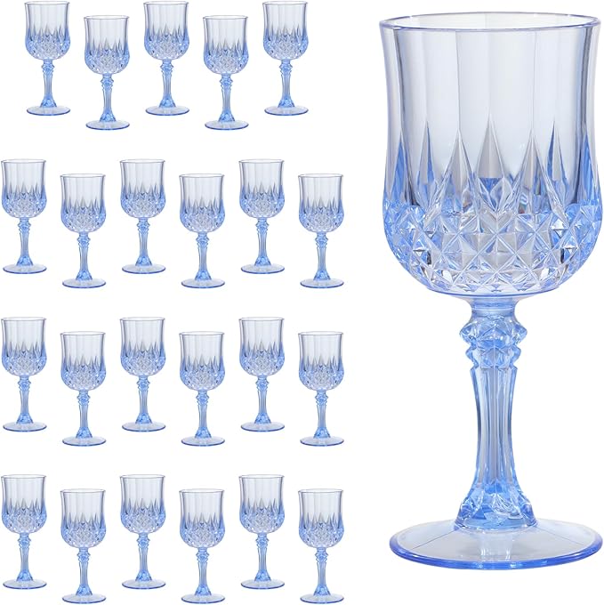 Blue Plastic Wine Glasses 7oz – 24 Pcs Unbreakable Vintage Plastic Goblets by CALBODE