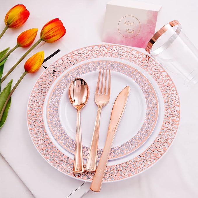 WELLIFE 175 Pieces Rose Gold Plastic Dinnerware, Rose Gold Dinnerware Set - Image 7