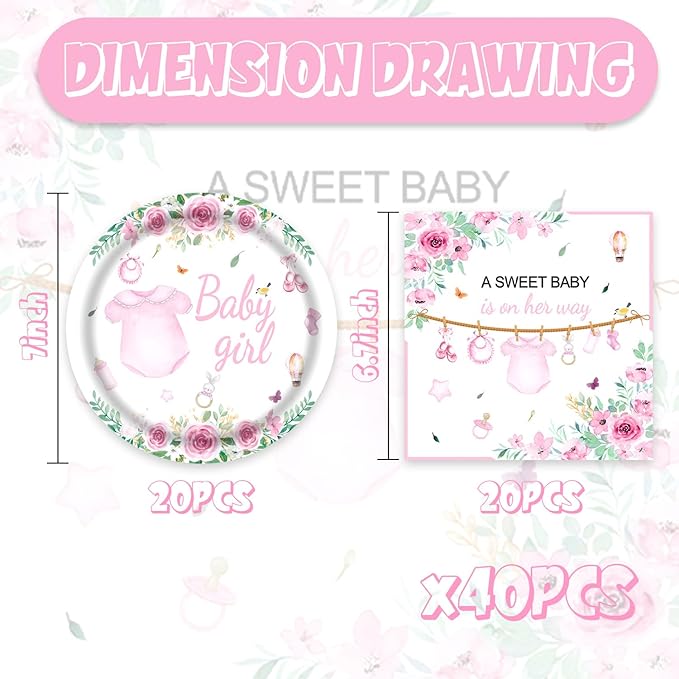40pcs Pink Floral Baby Shower Decorations Girl Gender Reveal Supplies, Spring - Image 2