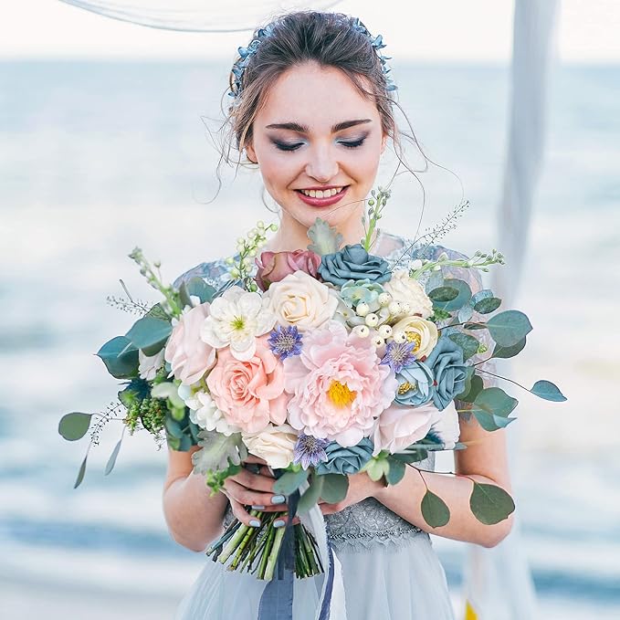 AmyHomie Blue Pink Artificial Flowers Combo Silk Mix Peony Rose Hydrangea Daisy - Image 3