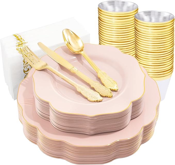 NOCCUR 175PCS Pink Plates with Gold Disposable Silverware by NOCCUR