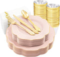 NOCCUR 175PCS Pink Plates with Gold Disposable Silverware by NOCCUR