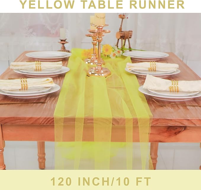 Snowkingdom Fall Yellow Table Runner, 10FT Light Yellow Tulle Gauze Sheer - Image 2