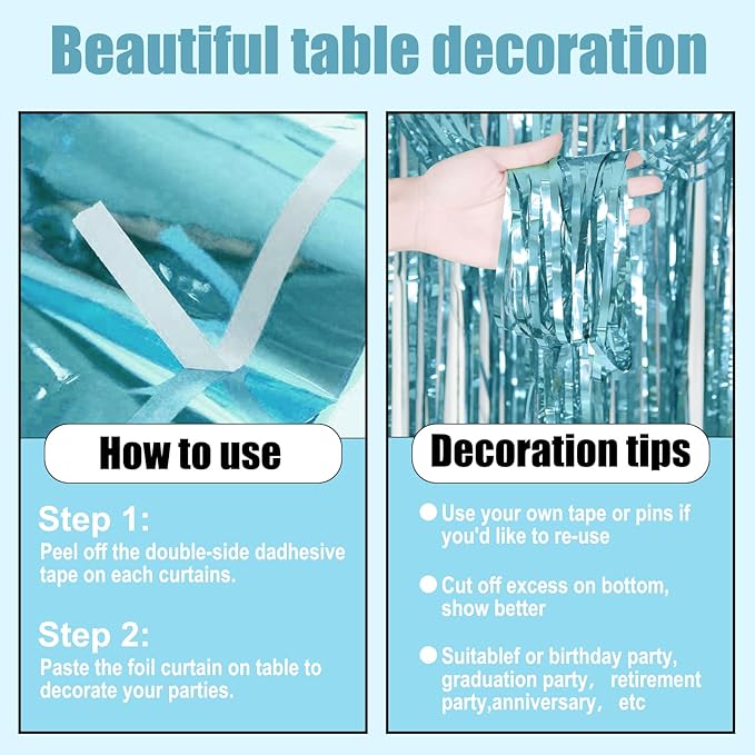 3 Pack 29 x108 Inch Light Blue Foil Fringe Table Skirts Metallic Banner - Image 3