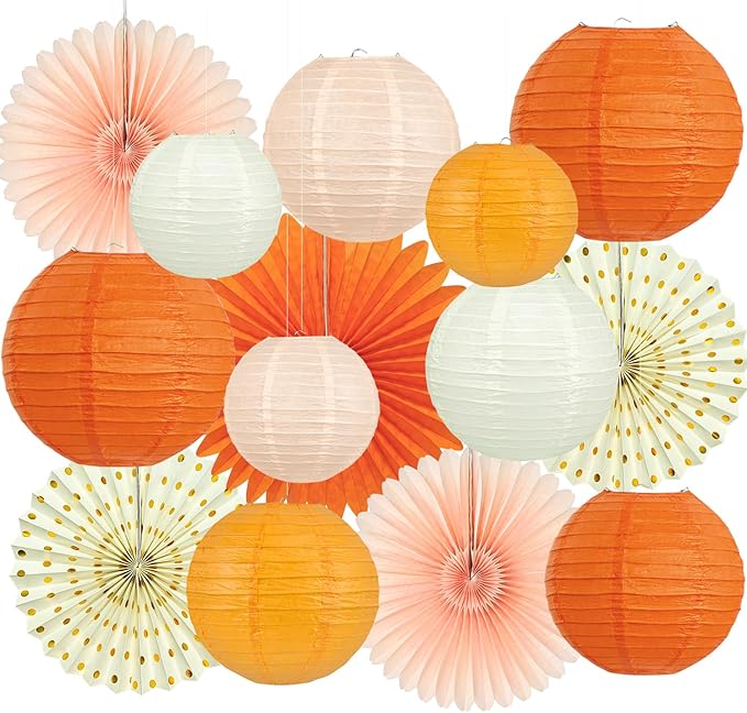 15Pcs Autumn Pink and Orange Party Decorations, Hanging Orange Paper Lanterns by Peywot