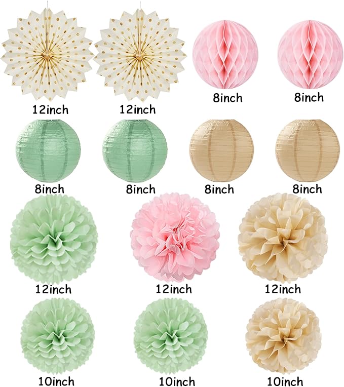 Sage-Green Pink-Champagne Party-Decorations Streamers Lanterns - Image 2