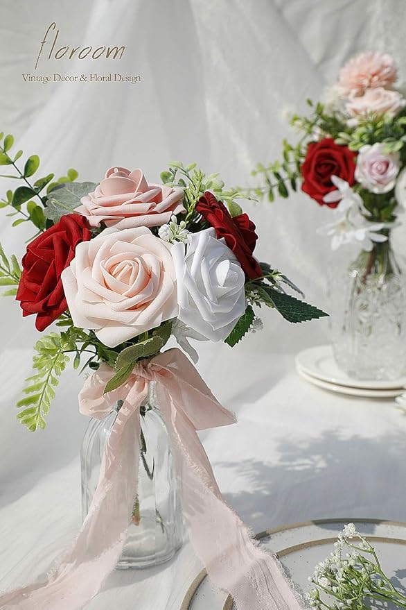 Floroom Artificial Flowers 25pcs Real Looking Dark Red Ombre Colors Foam Fake - Image 2