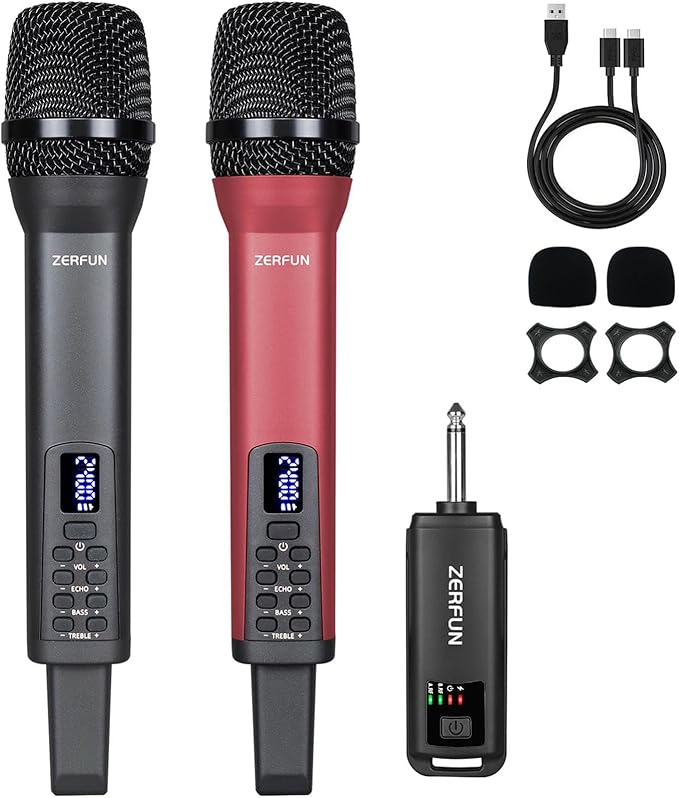 Rechargeable Wireless Microphones Dual, Pro Handheld Cordless Mics System by ZERFUN