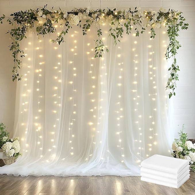 Tulle Backdrop Curtain with Lights String 20 X 10FT Ivory Sheer Tulle Backdrop by Xiomot