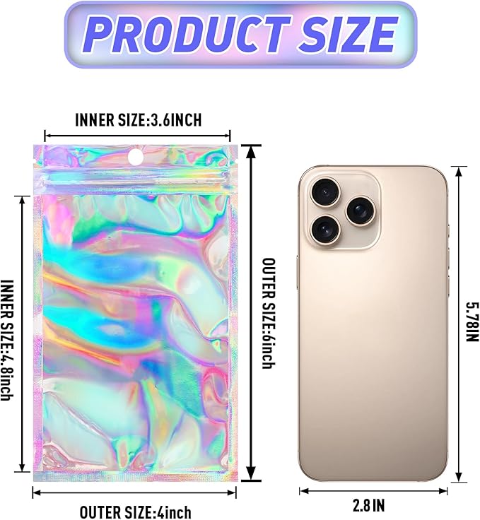 Funfery 100 Pack Smell Proof Holographic Bags Clear Window Resealable Bags - Image 2