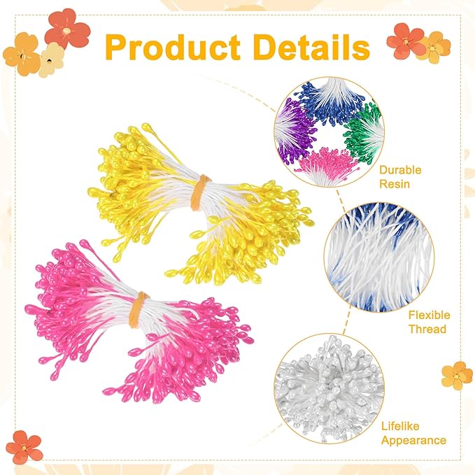 900-Pack Flower Stamens for Crafts, 5mm Double Heads Artificial Pearl Floral - Image 2