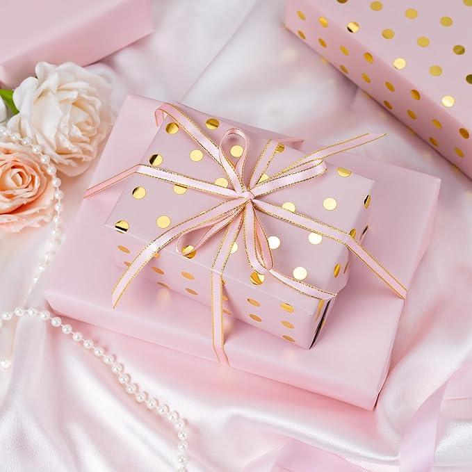 Flyhill Pink Wrapping Paper Roll, Reversible Mini Roll Gold Foil Polka Dot Gift - Image 4