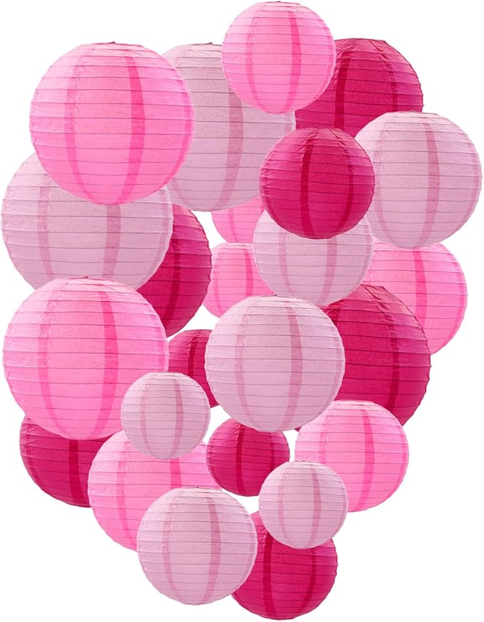 Pink Paper Lanterns Decorative, Chinese/Japanese Hanging Round Paper Lanterns by Tim%26Lin