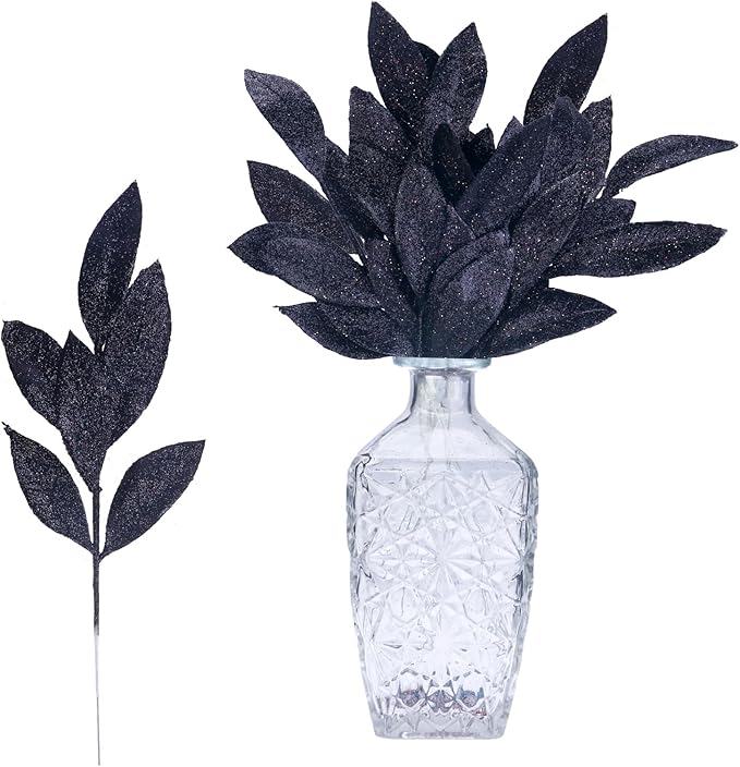 GREENTIME 12 Pack Artificial Black Glitter Leaves 13" Fake Decorative Glitter by Greentime