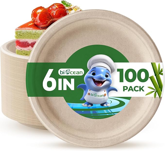 6 Inch Compostable Plates 100 Pack Heavy Duty Compostable Paper Plate, by Biocean
