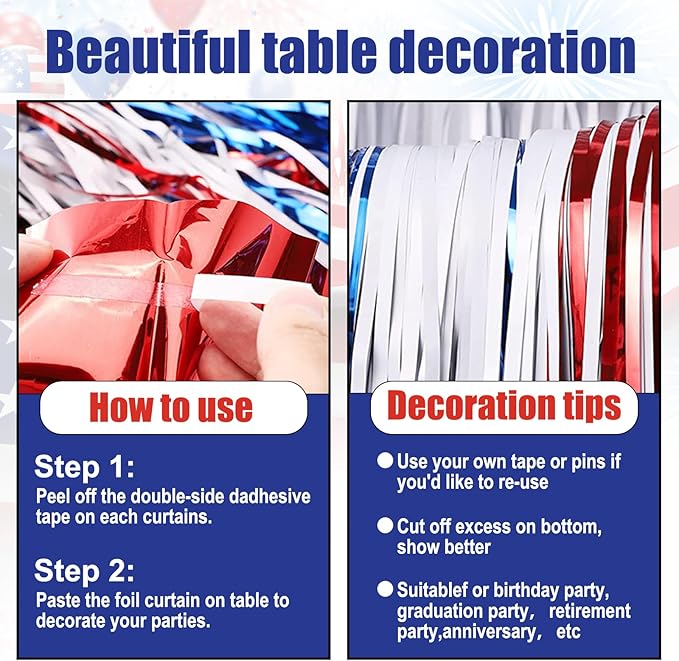 3 Pack 29 x108 Inch White Blue Red Foil Fringe Table Skirts Metallic Banner - Image 3