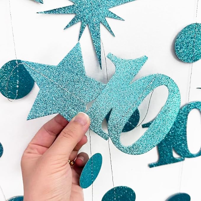 Teal Blue 10th Birthday Decorations Number 10 Circle Dot Star Garland Glitter - Image 5