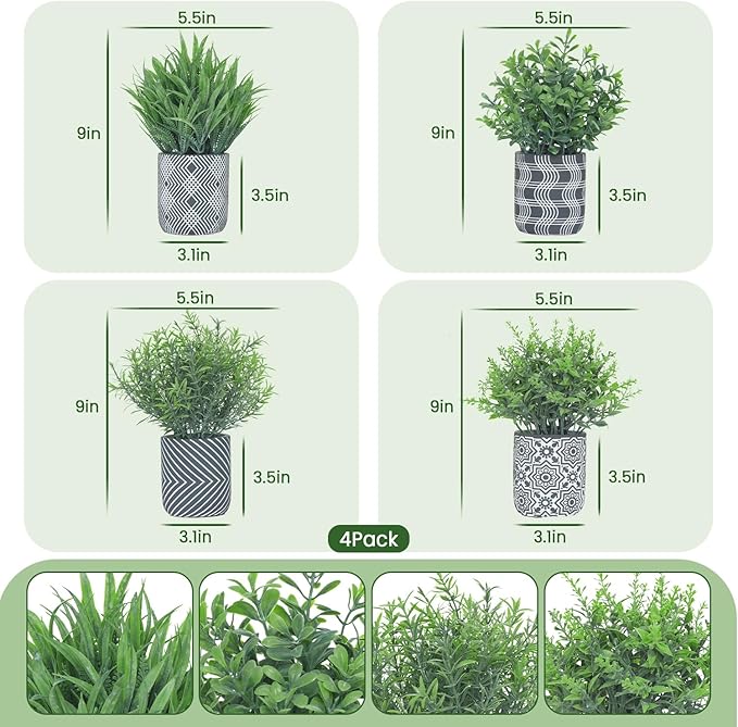 4 Pack Small Fake Plants, Fake Grass Plant, Artificial Boxwood & Rosemary - Image 2