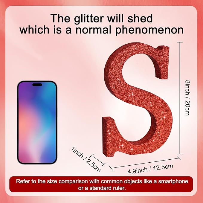 TONIFUL 8 Inch Red Glitter Letter S Table Centerpiece A-Z Red Birthday Party - Image 2