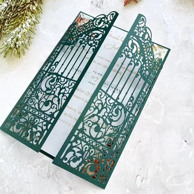 MillaSaw Dark Green Laser Cut Gate Invitation Sleeve DIY Wedding Invitation 25 by MillaSaw