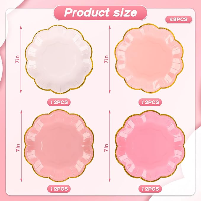Pink Party Plates Gradient Pink Dessert Paper Plates 7inch Gold Foil Scalloped - Image 2