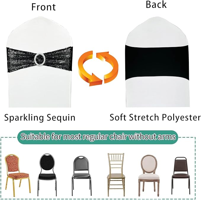 100 Pcs Chair Sashes Sequin Stretch Chair Bands Spandex Polyester Bows - Image 3