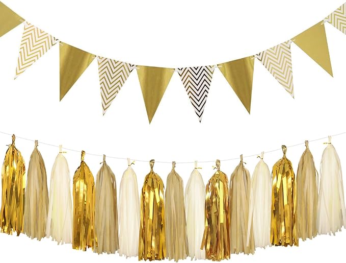 Sparkly Paper Pennant Banner Triangle Flags Bunting 8.2 Feet and Tissue Paper by Aonor