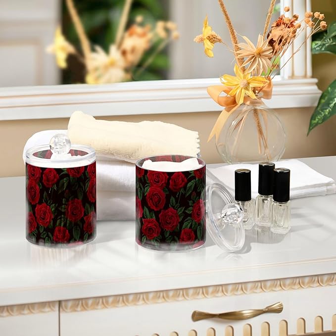 Gredecor Qtip Holder Dispenser 2 Pack Red Rose Flowers Leaves Bathroom - Image 7