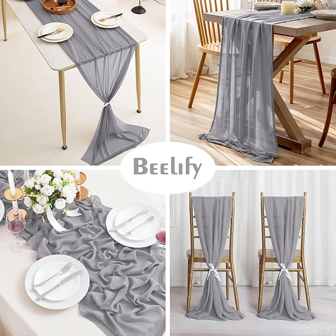 2 Pack 10 Ft Chiffon Table Runner Grey Gauze Long Table Runners 27x120 Inches - Image 3