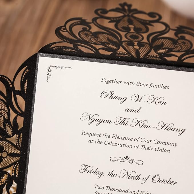 Hosmsua 6.3 x 6.3 Inch 50PCS Black Laser Cut Hollow Lace Rose Invitation Cards - Image 6