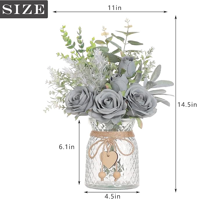 Faux Flowers with Vase, Artificial Silk Roses in Vase, Fake Plant Eucalyptus - Image 6