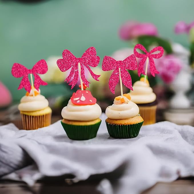 Gyufise 36Pcs Bow Cupcake Toppers Glitter Bowknot Cupcake Picks Bow Tie - Image 5