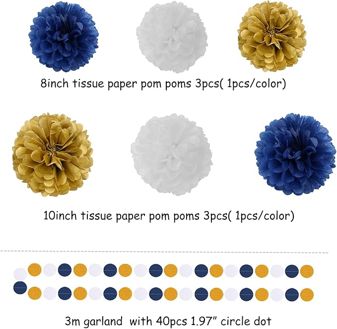 Navy Blue White Gold Party Decoration 23pcs Kits-Paper Flowers, Banner Flags - Image 3
