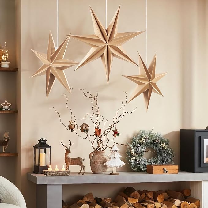 3PCS 12inch 7-Pointed Natural Paper Star Landerns Hanging Decoration Set - Image 5