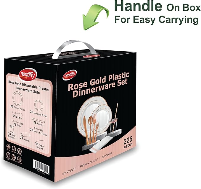 Neatiffy 225 Pcs Rose Gold Rim Plastic Dinnerware Set | 25 x | - Image 4