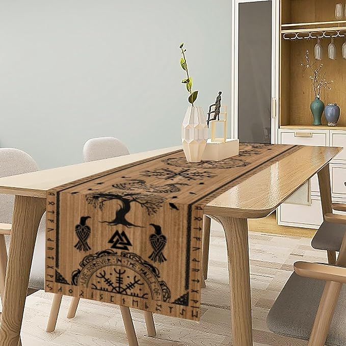 Viking Tree of Life Table Runner, Wooden Printed Eagle Dragon Boat Rudder - Image 7