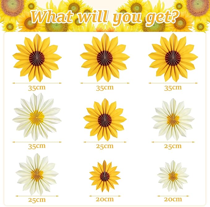 Easy Joy 9PCS Sunflower Party Decorations Sunflower Paper Fans Yellow Birthday - Image 2