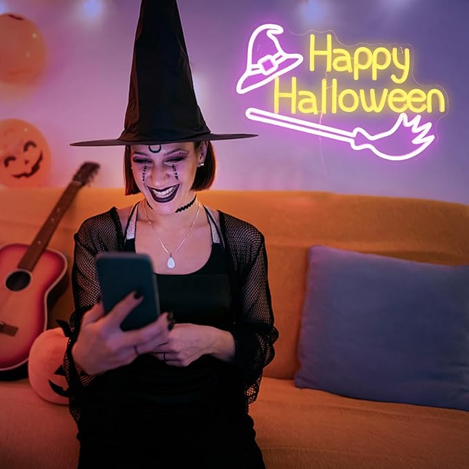 Happy Halloween Neon Sign Witch Hat Neon Sign Dimmable Broom Led Wall Decor - Image 7