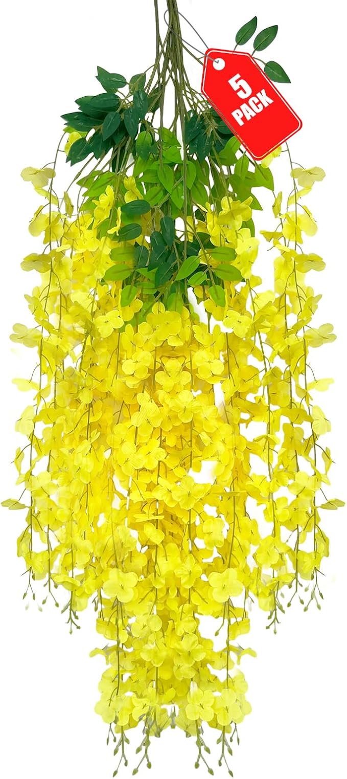 5 Pack Yellow Wisteria Hanging Flowers, 3.44 Ft Fake Hanging Flowers, by ZEBMOON