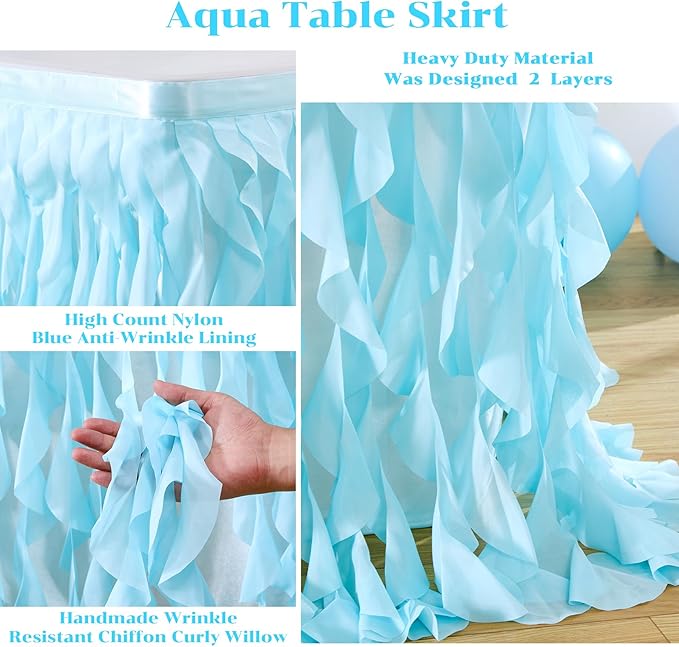 Partisky Aqua Blue Tulle Curly Willow Table Skirt - Image 5