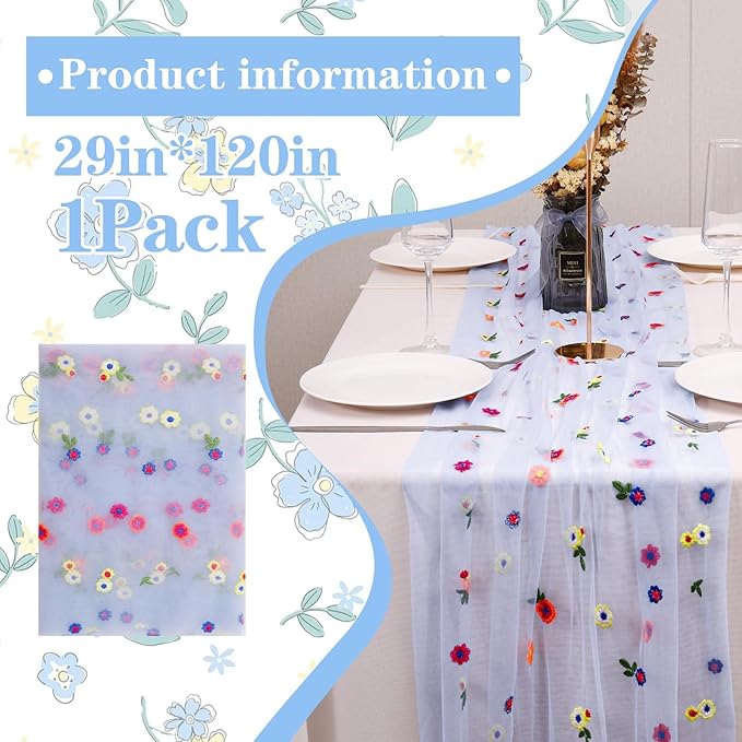 Blue Floral Table Runner 10 FT, Embroidery Daisy Table Runners Seasonal Sheer - Image 2