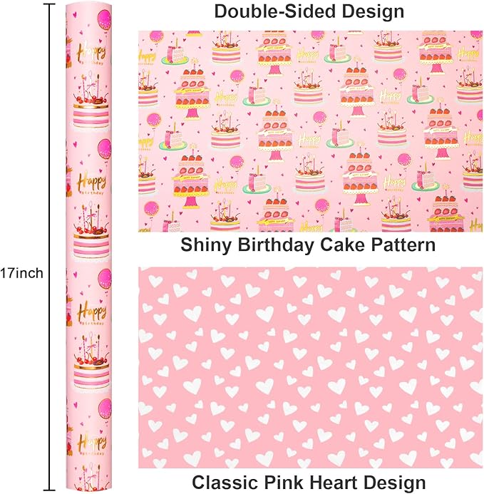 Yarcony Girls Birthday Wrapping Paper Roll, Metallic Foil Pink Cartoon-Style - Image 3