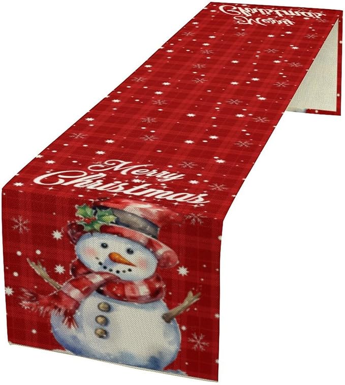 Christmas Table Runner, Christmas Snowman Snowflakes Winter Seasonal Table by Unknown