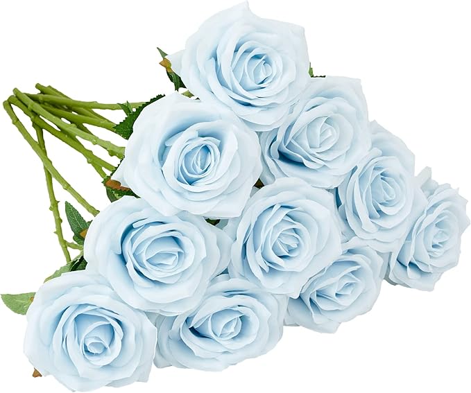Artificial Rose 10pcs Ice Blue Open Flower Bouquet Faux Rose Stems by IUKnot