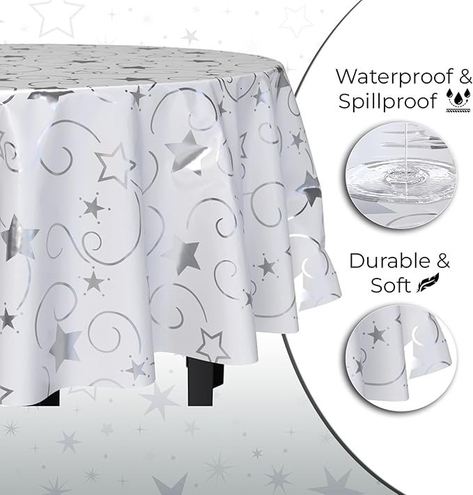Exquisite Silver Star Tablecloth Plastic 12-Pack Disposable Round Tablecloths - Image 4