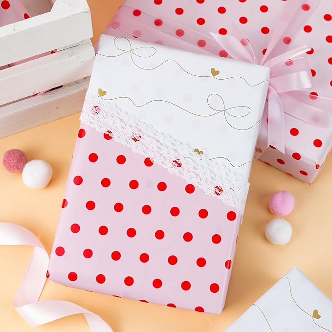 Flyhill Red Polka Dot Wrapping Paper, Reversible Pink Gold Elegant Bow & Heart - Image 4