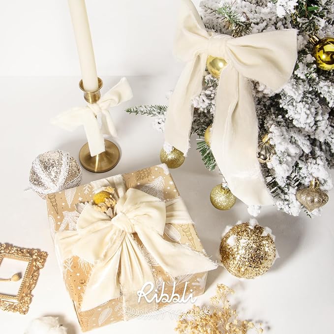 Ribbli Ivory Velvet Ribbon 1.5 Inch Handmade Frayed Vintage Christmas Ribbon - Image 4