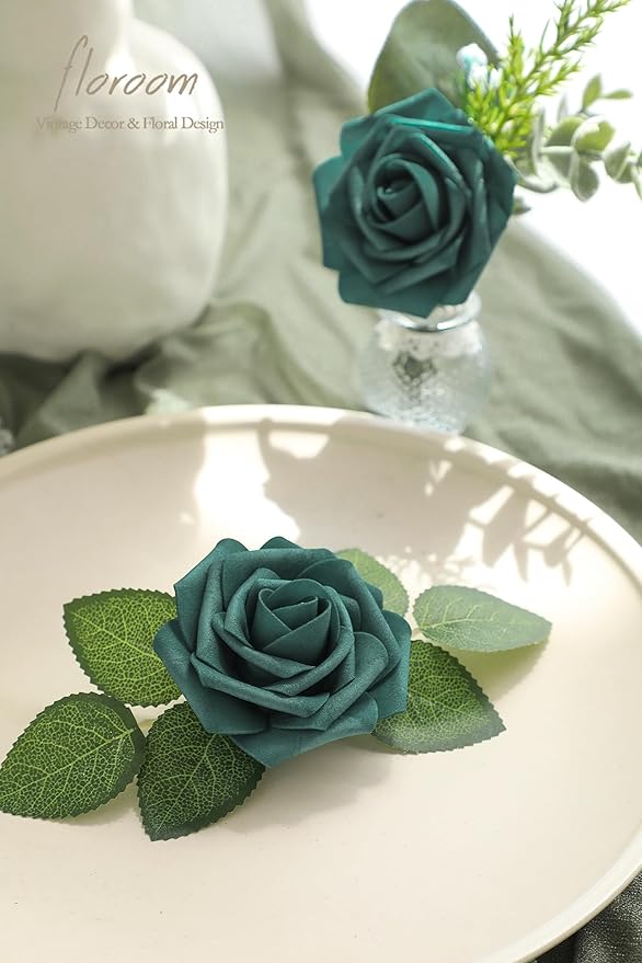 Floroom Artificial Flowers 25pcs Real Looking Peacock Green Foam Fake Roses - Image 3