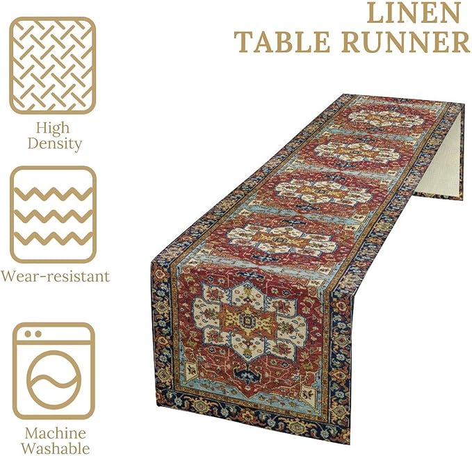 Vintage Boho Floral Table Runner, Rustic Country Farmhouse Red Blue Gold Retro - Image 5